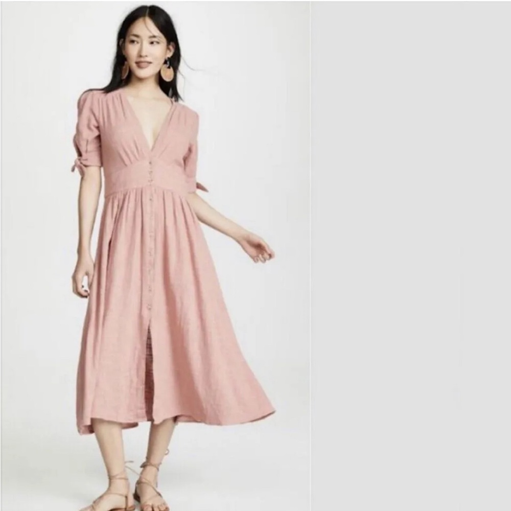 FREE PEOPLE Dress Small Rose Pink Love of my Life V-Neck Tie Sleeve Midi Cotton